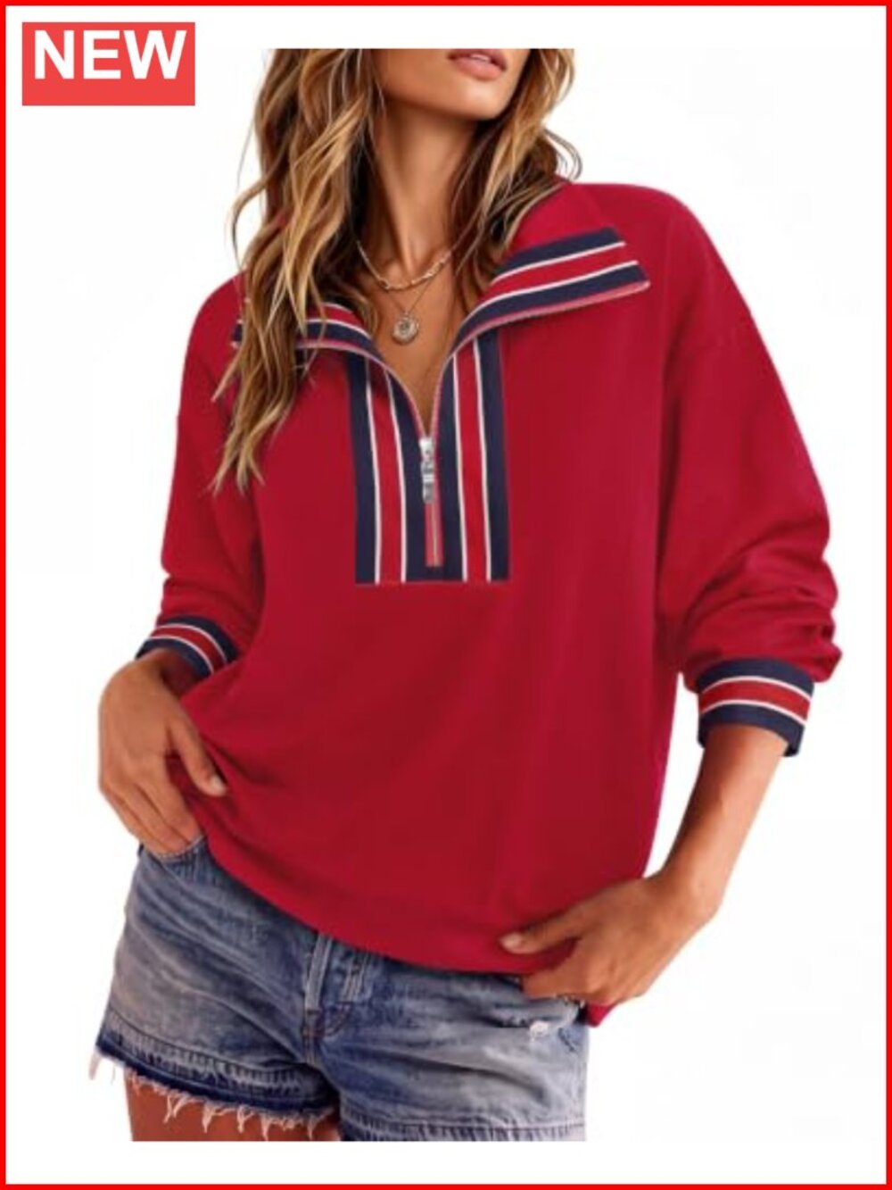 Women Half Zip Pullover Sweatshirt Striped Mock Neck Loose Fit Fall Top